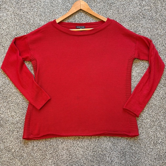 Eileen Fisher 100% Marino Wool Quiet Luxury Red Knit Sweater Top size small - Picture 10 of 10